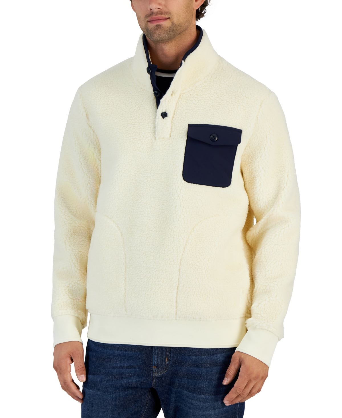 Michael Kors Mens Fleece Pullover Sweater Jacket Bone Beige Blue Medium