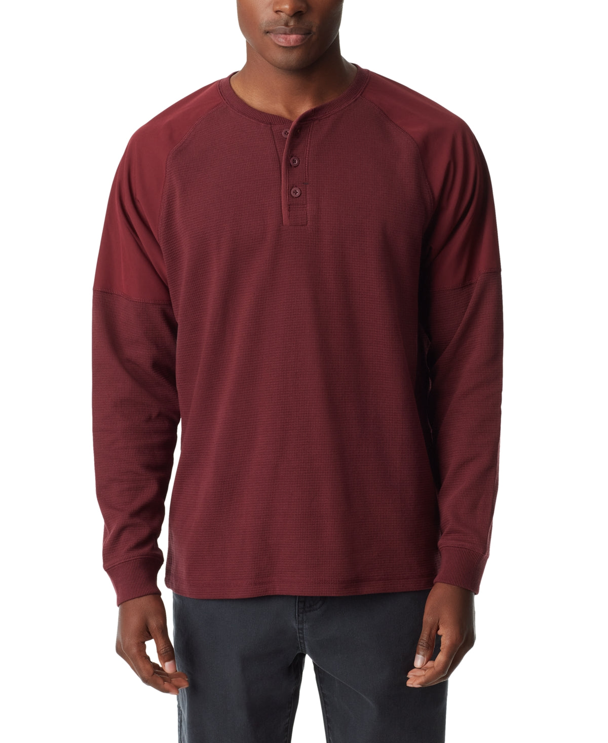 BASS OUTDOOR Mens Thermal Raglan Sleeve Henley Tawny Port Red Medium