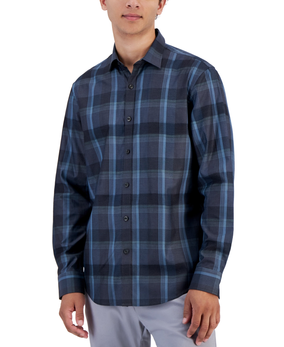 Alfani Men's Lomia Regular Fit Yarn Dyed Plaid Button Down Shirt Blue Medium