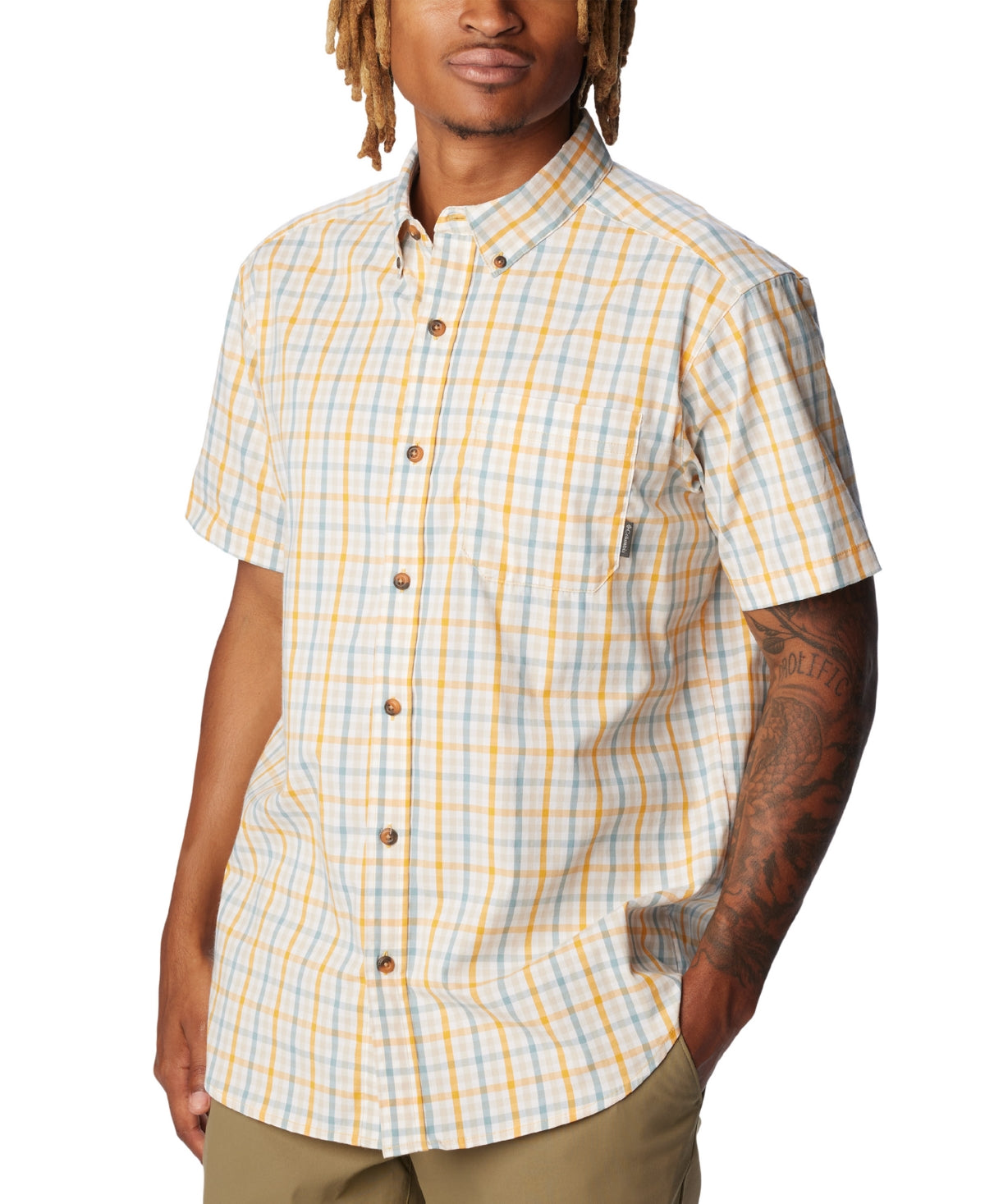 Columbia Mens Rapid Rivers Plaid Short Sleeve Button Down Shirt Raw Yellow Small