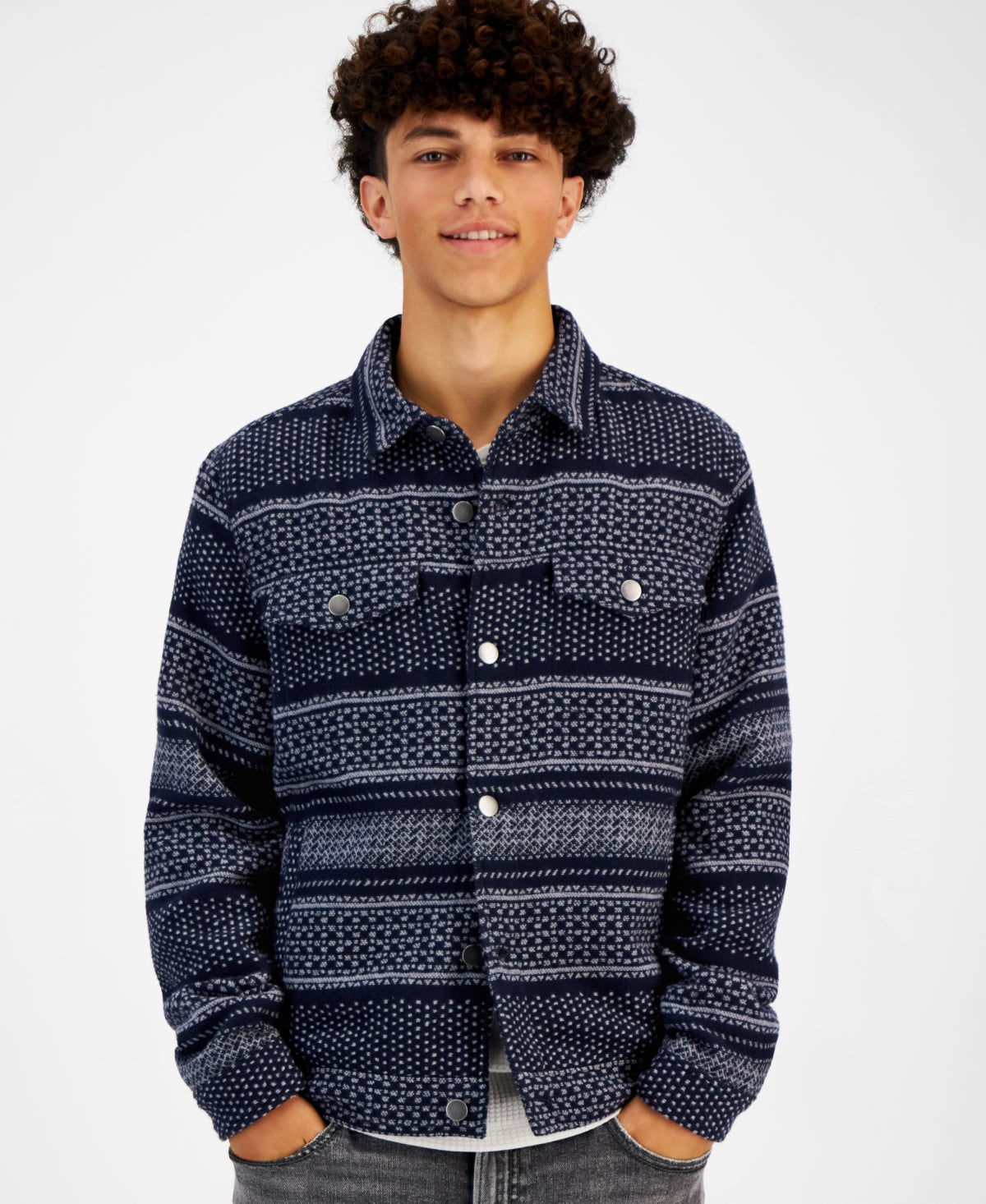 Sun Stone Men's Jacquard Trucker Jacket  Navy Blue Combo Small