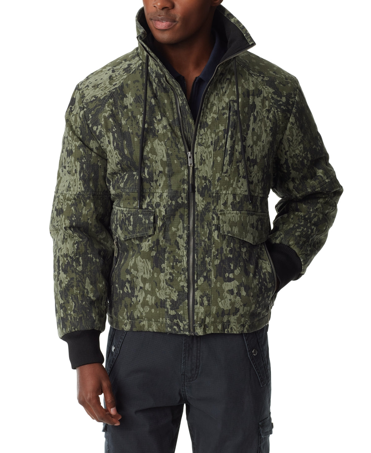 BASS OUTDOOR Mens Quilted Zip Front Bomber Jacket Coat Green Bark Camo XL