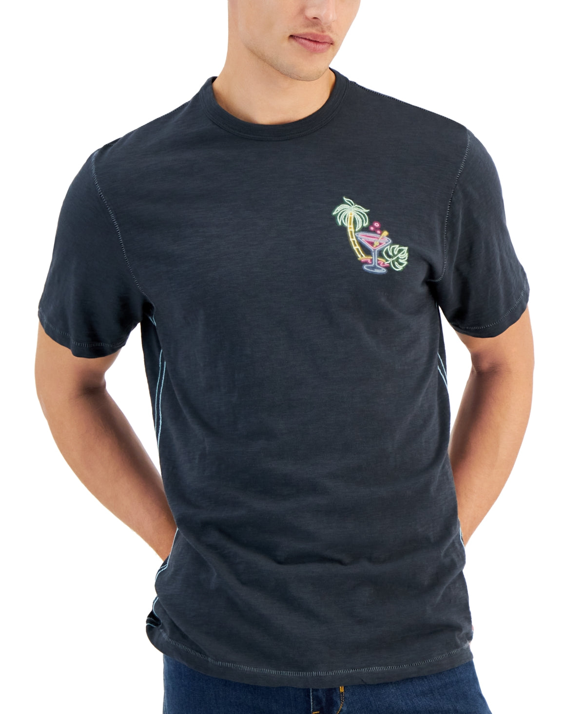 Tommy Bahama Mens Neon Wave Lux Textured Graphic Short Sleeve T Shirt Coal 2XL