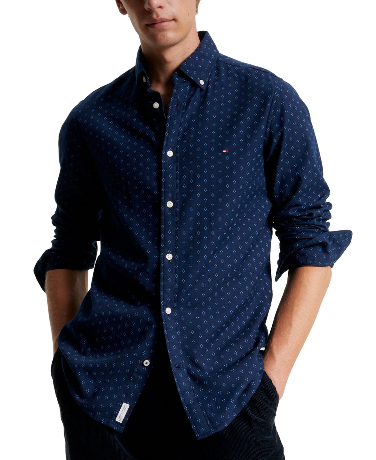 Tommy Hilfiger Men Slim Fit Long Sleeve Button-Up Shirt Small Blue Geometric
