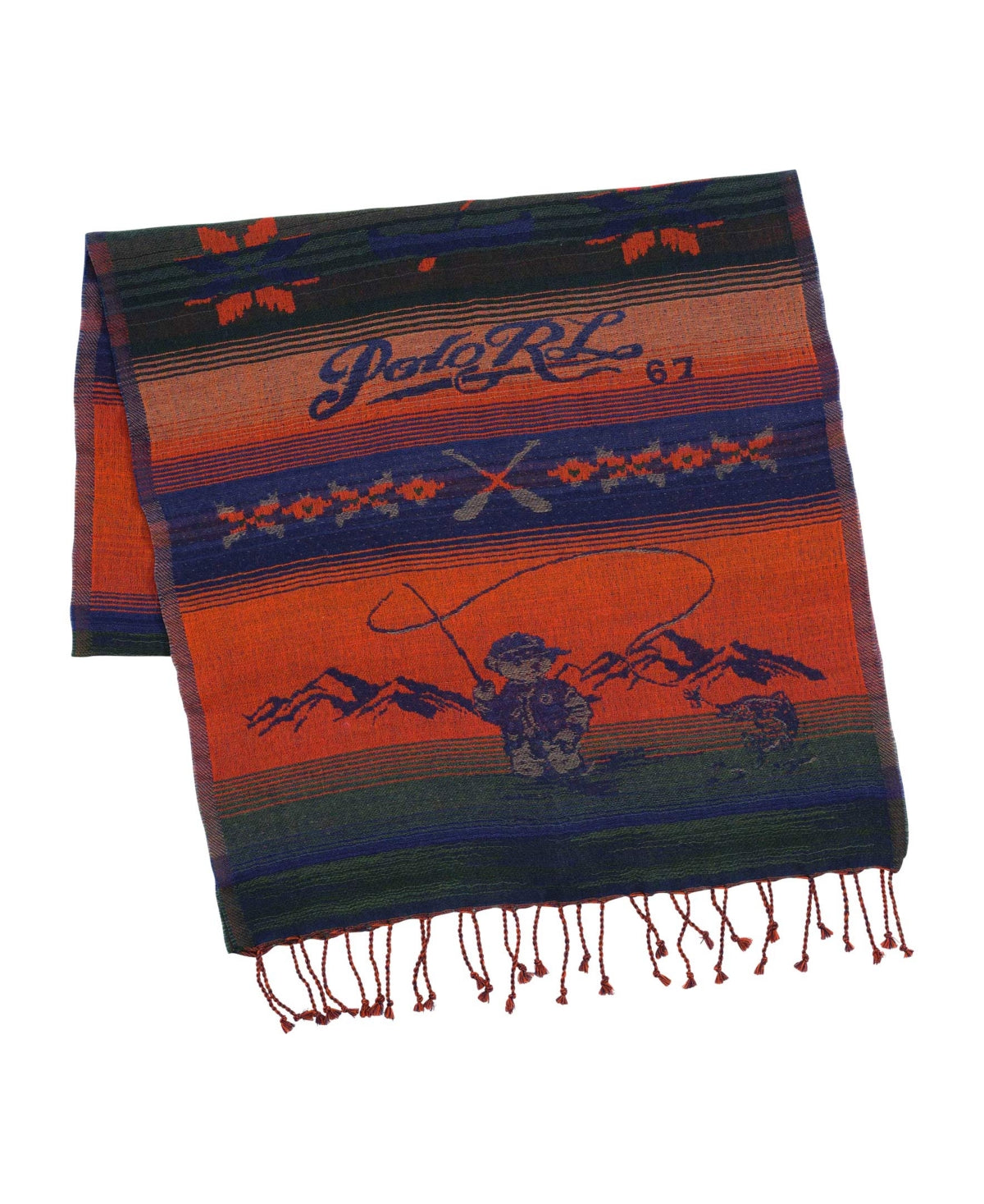 Polo Ralph Lauren Mens Unisex Scenic Bear Scarf Orange Blue Wool