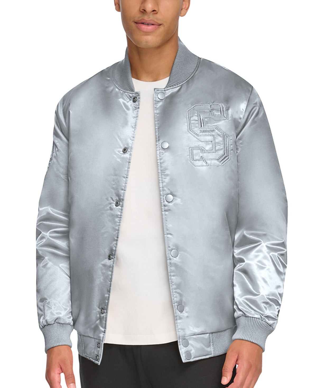 Starter Mens Classic Fit Tonal Satin Silver Bomber Jacket Coat Silver XL