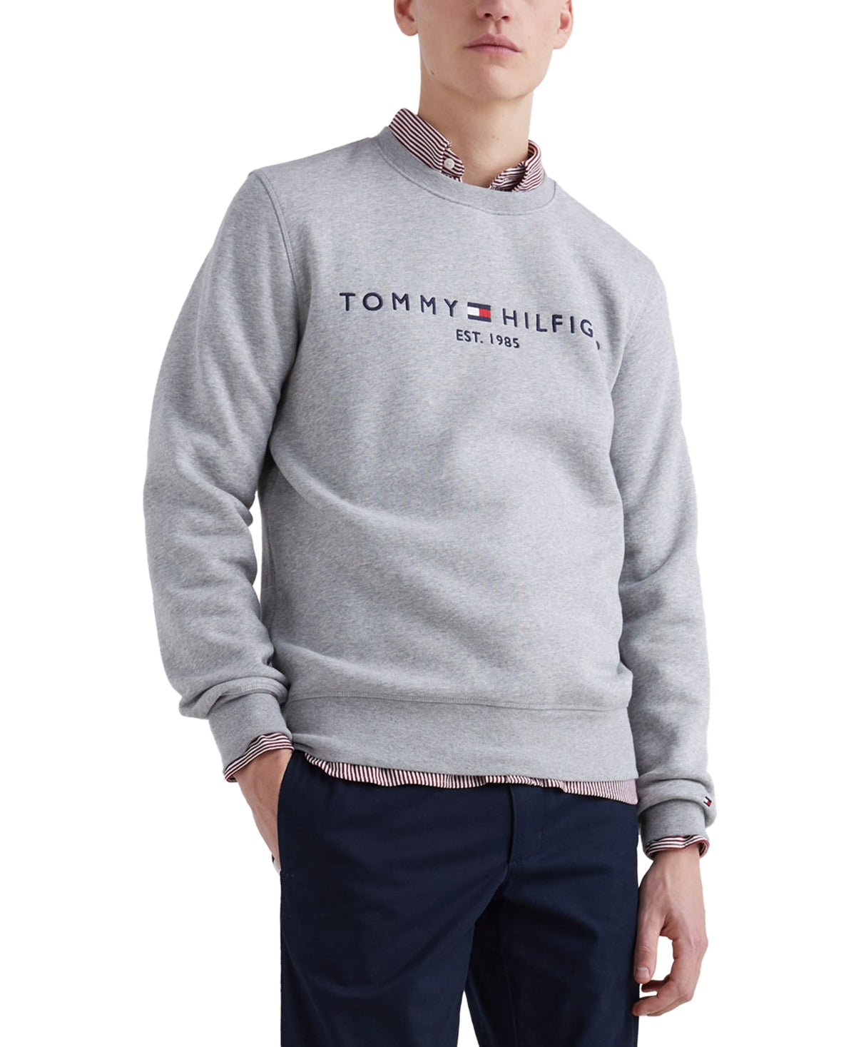 Tommy Hilfiger Mens Embroidered Logo Fleece Crewneck Sweatshirt Grey Heather XL