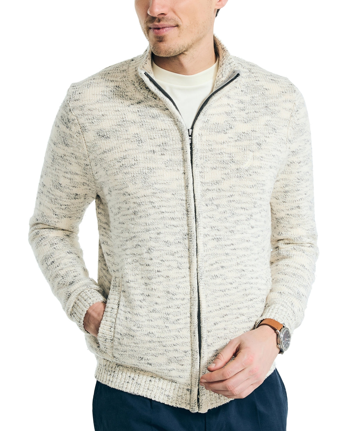 Nautica Mens Marled Full Zip Sweater Marshmallow White Grey Medium