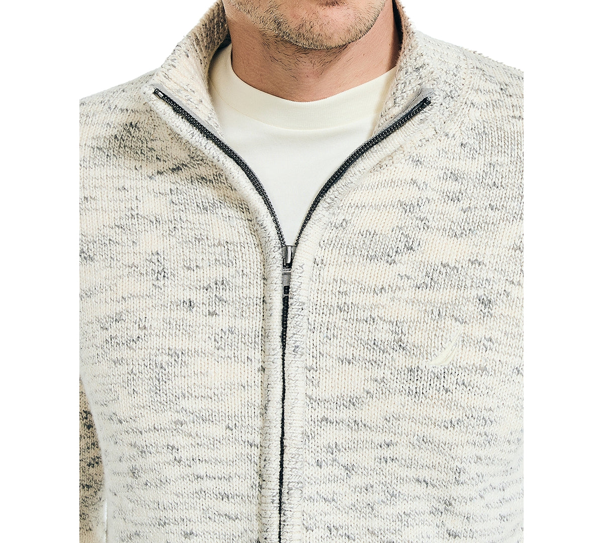 Nautica Mens Marled Full Zip Sweater Marshmallow White Grey Medium