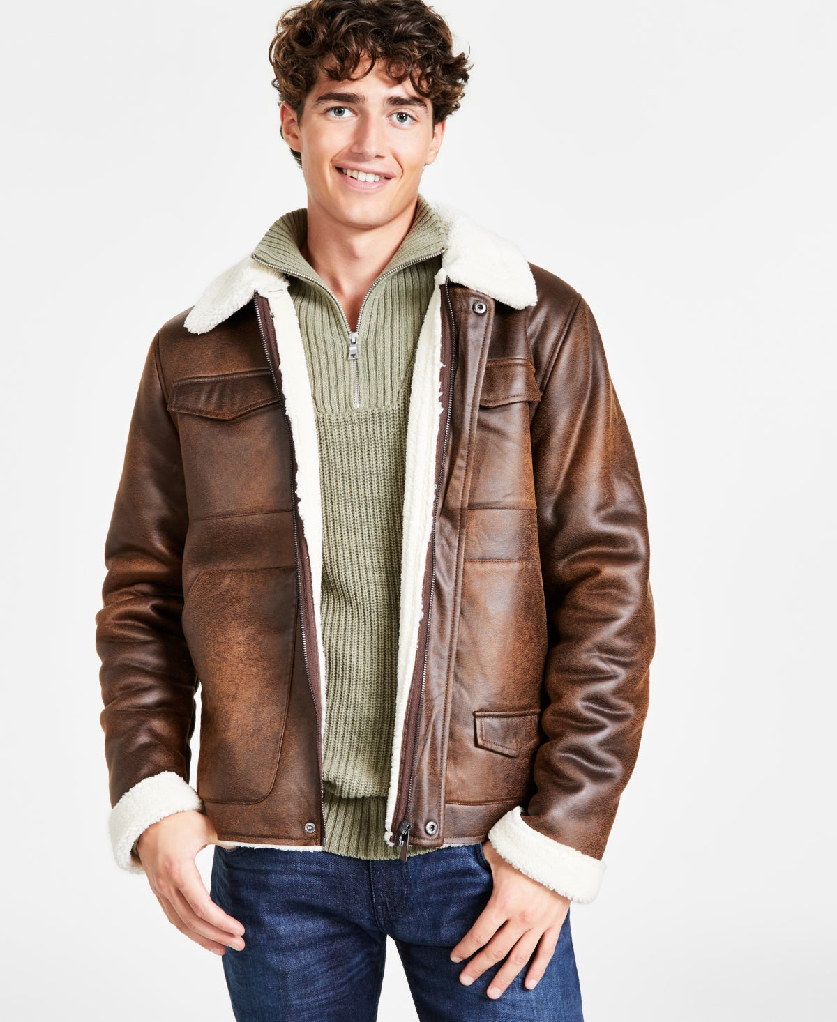 Native Youth Men's Faux Shearling Jacket Coat Brown Small