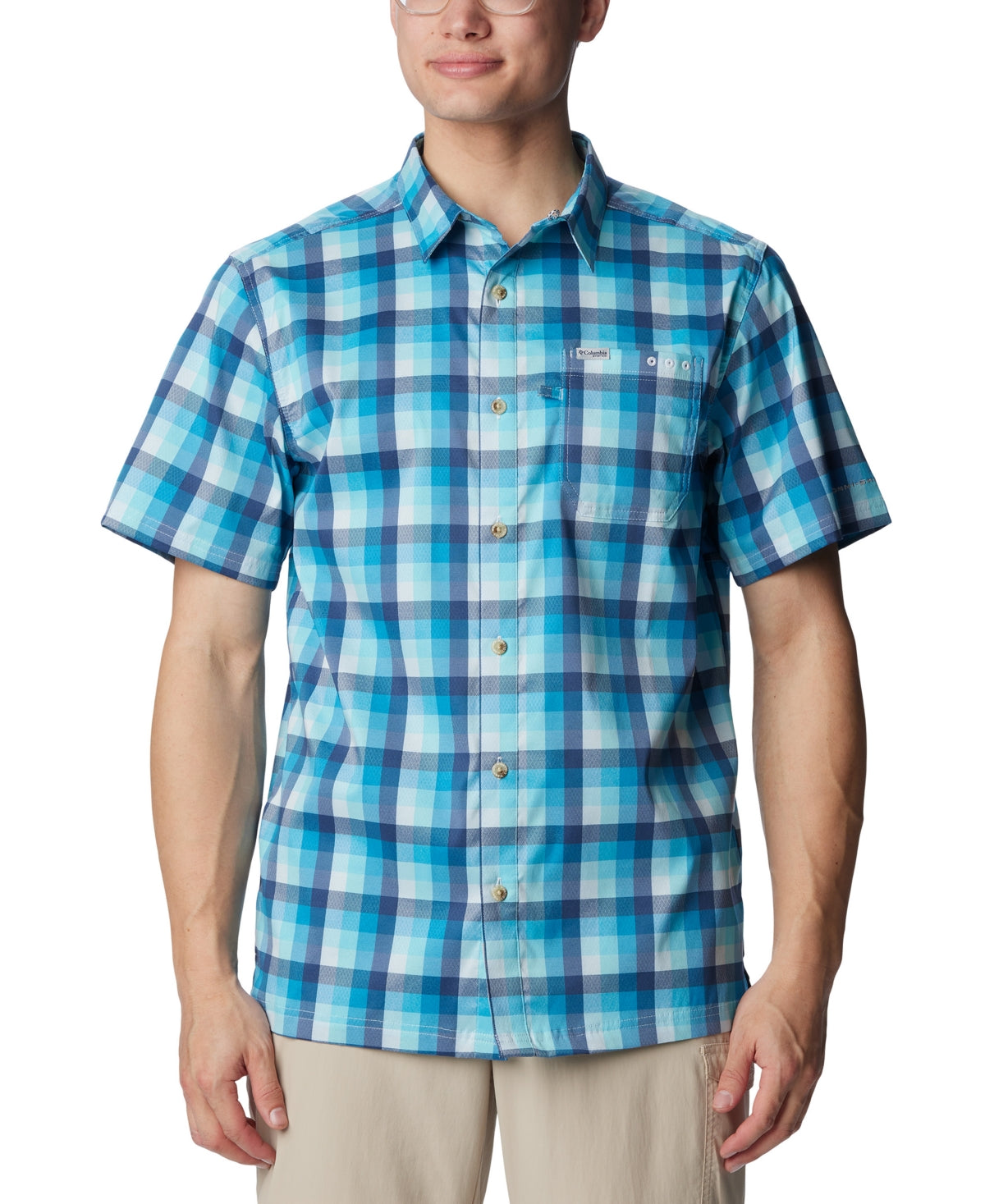 Columbia Mens Super Slack Tide Pool Short Sleeve Camp Shirt Blue Small