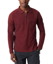 BASS OUTDOOR Mens Long Sleeve Pique Polo Shirt Tawny Port Red Small