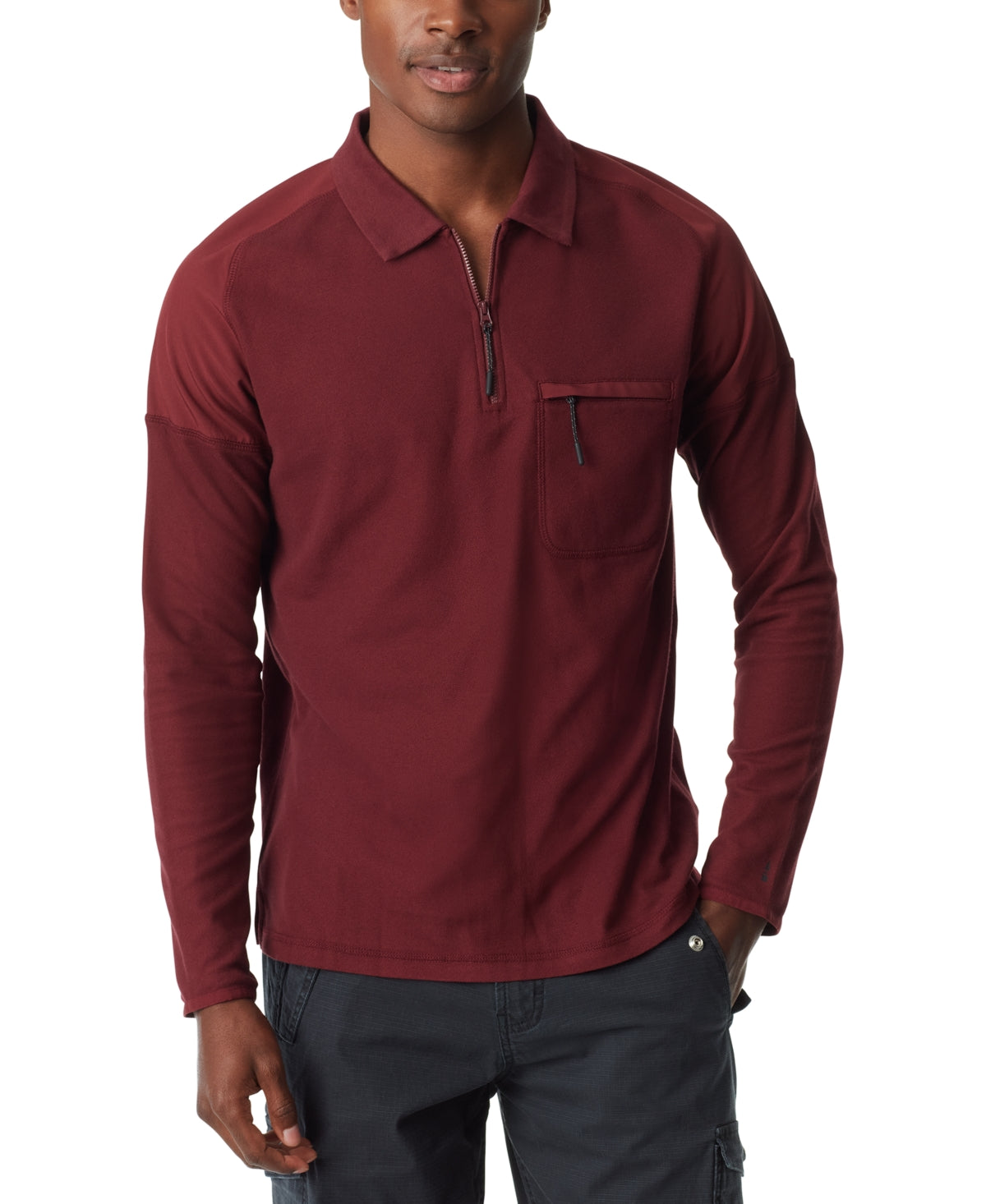 BASS OUTDOOR Men's Long Sleeve Pique Polo Shirt Tawny Port Red Small