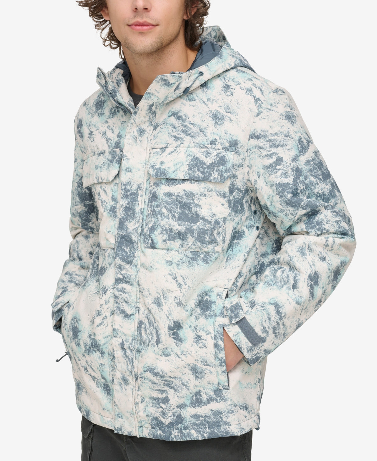 BASS OUTDOOR Mens Hooded Pocket Jacket Coat Blue White Large