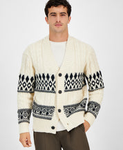 Native Youth Men's Relaxed Fit Fair Isle Cardigan Sweater Small White
