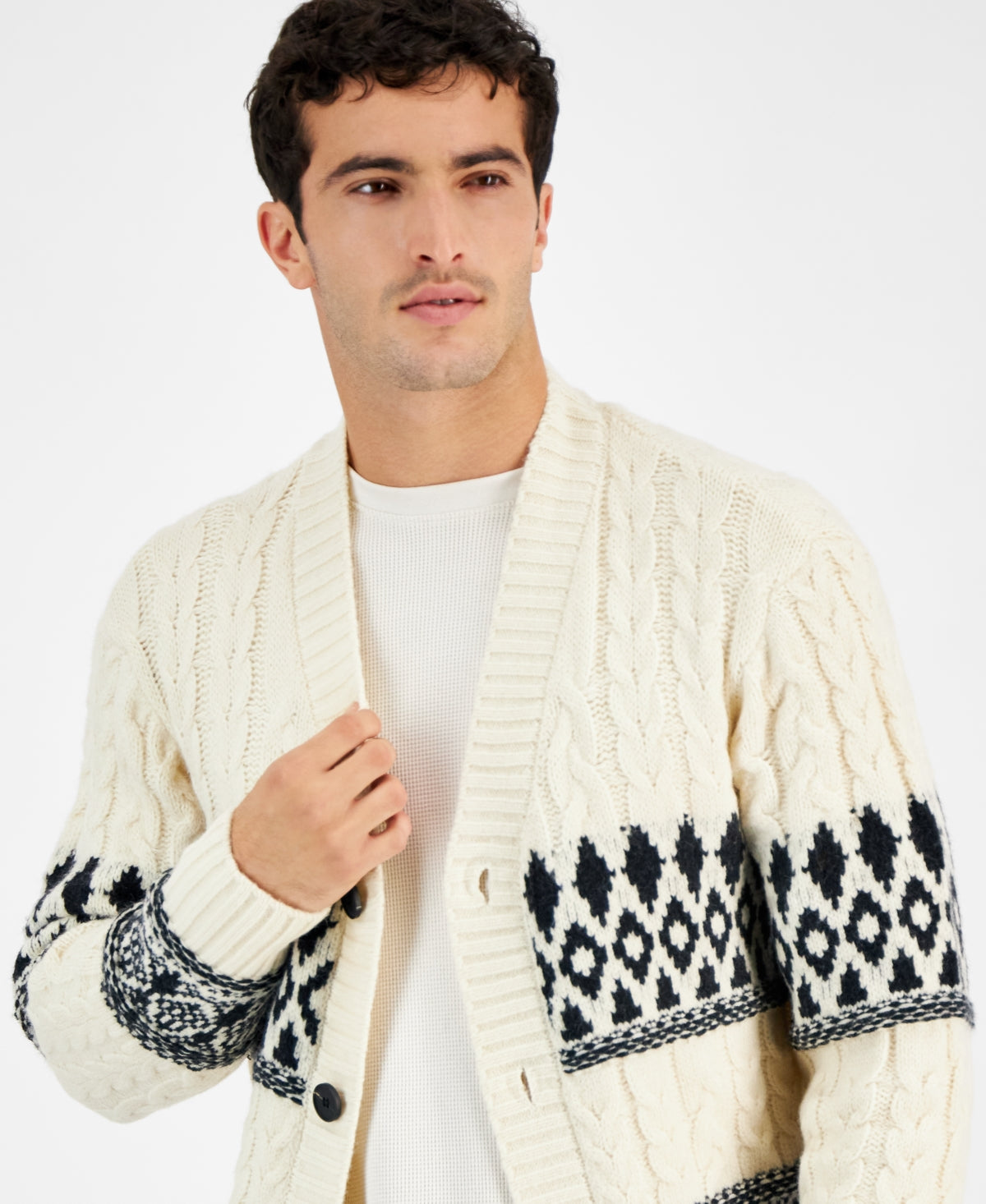 Native Youth Men's Relaxed Fit Fair Isle Cardigan Sweater Small White