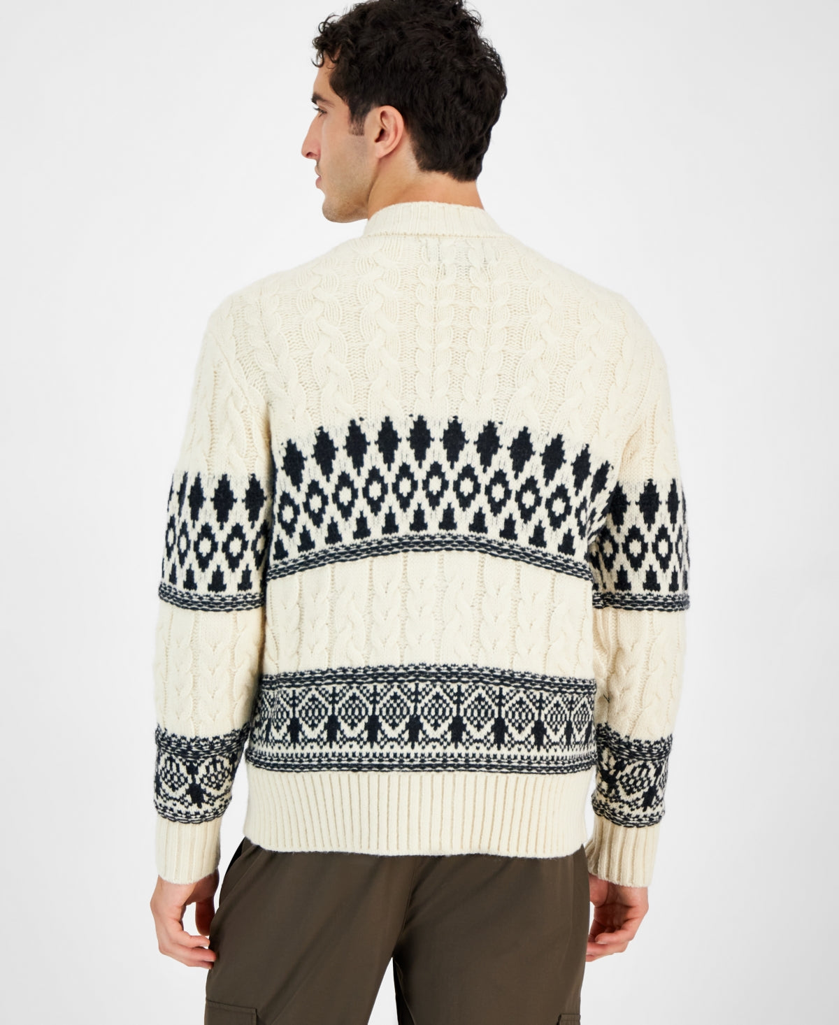Native Youth Men's Relaxed Fit Fair Isle Cardigan Sweater Small White