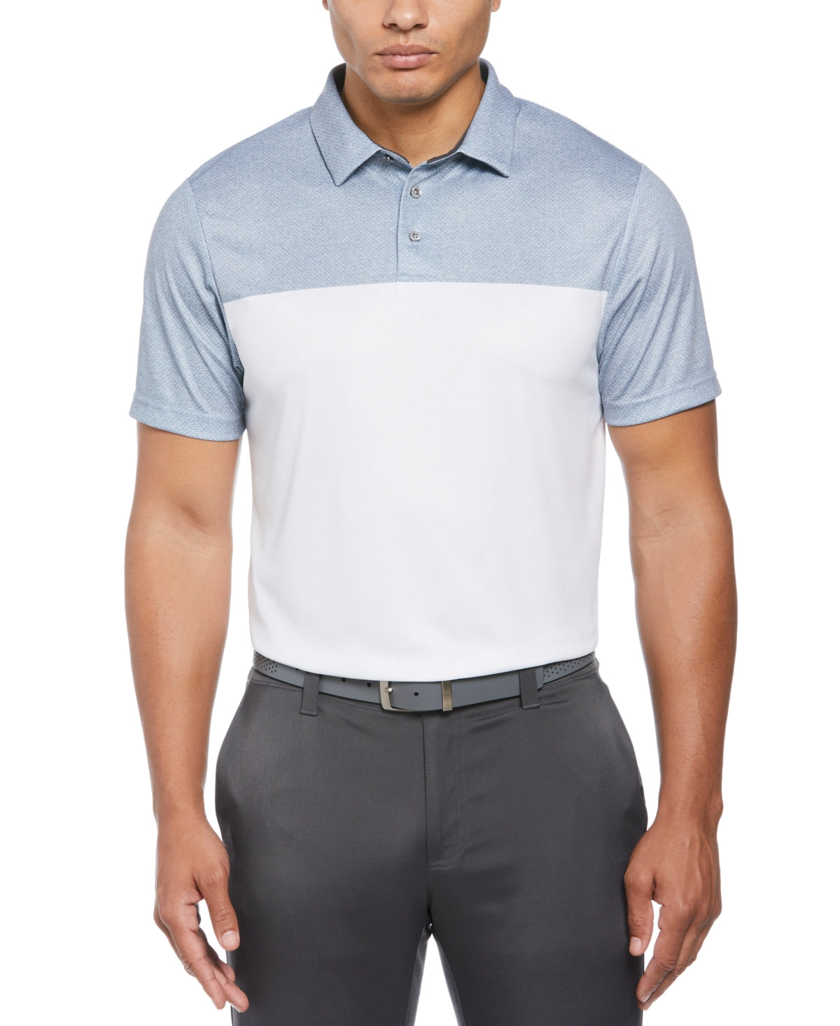 PGA TOUR Mens Athletic Fit Birdseye Block Print Polo Shirt Blue White Small
