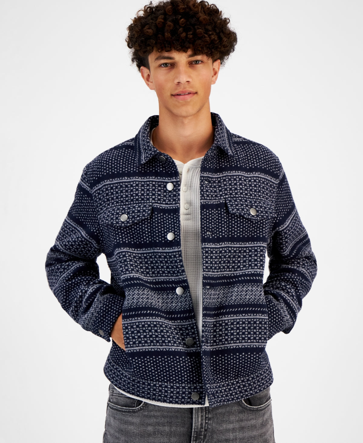 Sun Stone Men's Jacquard Trucker Jacket Navy Blue Combo Medium