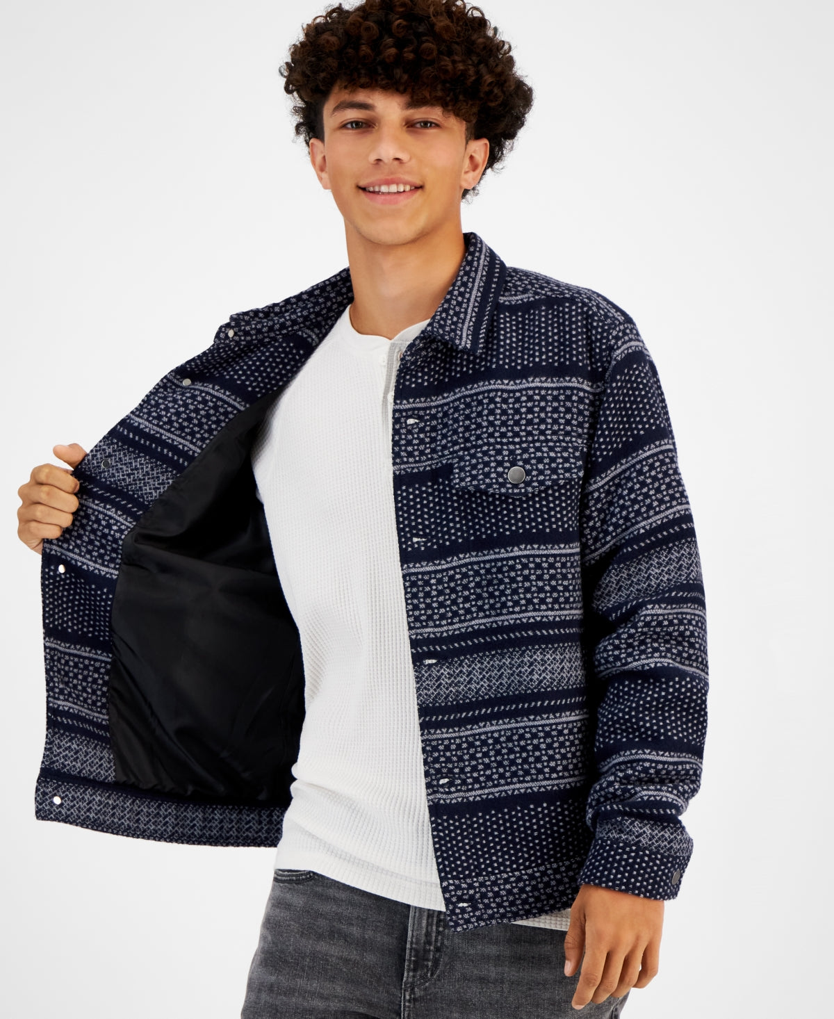 Sun Stone Men's Jacquard Trucker Jacket Navy Blue Combo Medium