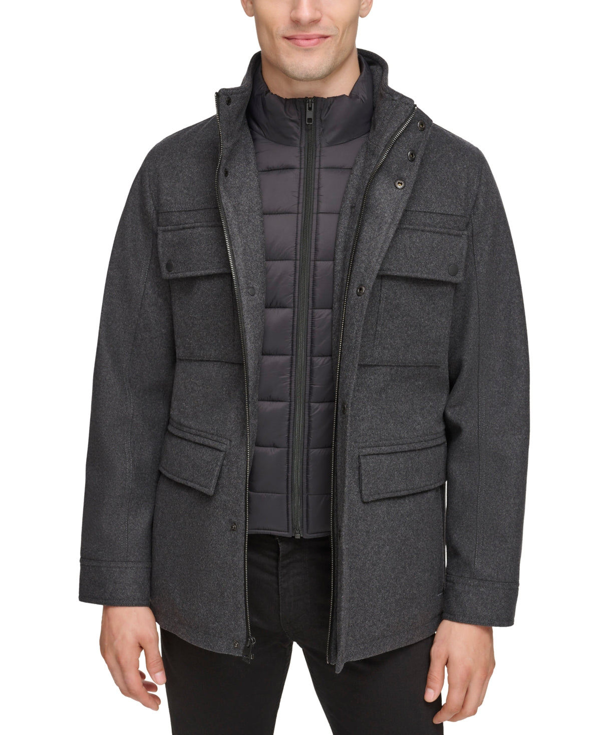 Guess Mens Puffer Jacket Coat Medium Charcoal Grey Waterproof Solid Wool
