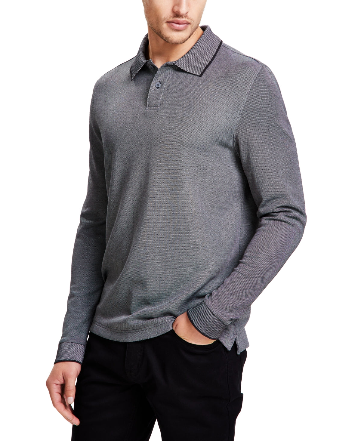 Alfani Mens Classic fit Long Sleeve Polo Shirt Medium Grey