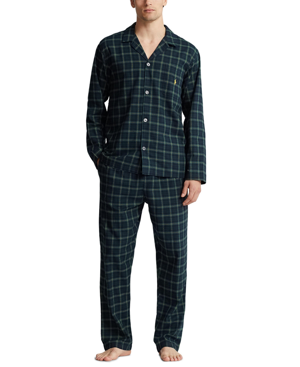 Ralph Lauren Mens Plaid Flannel Button Down Pajama Set Green Large