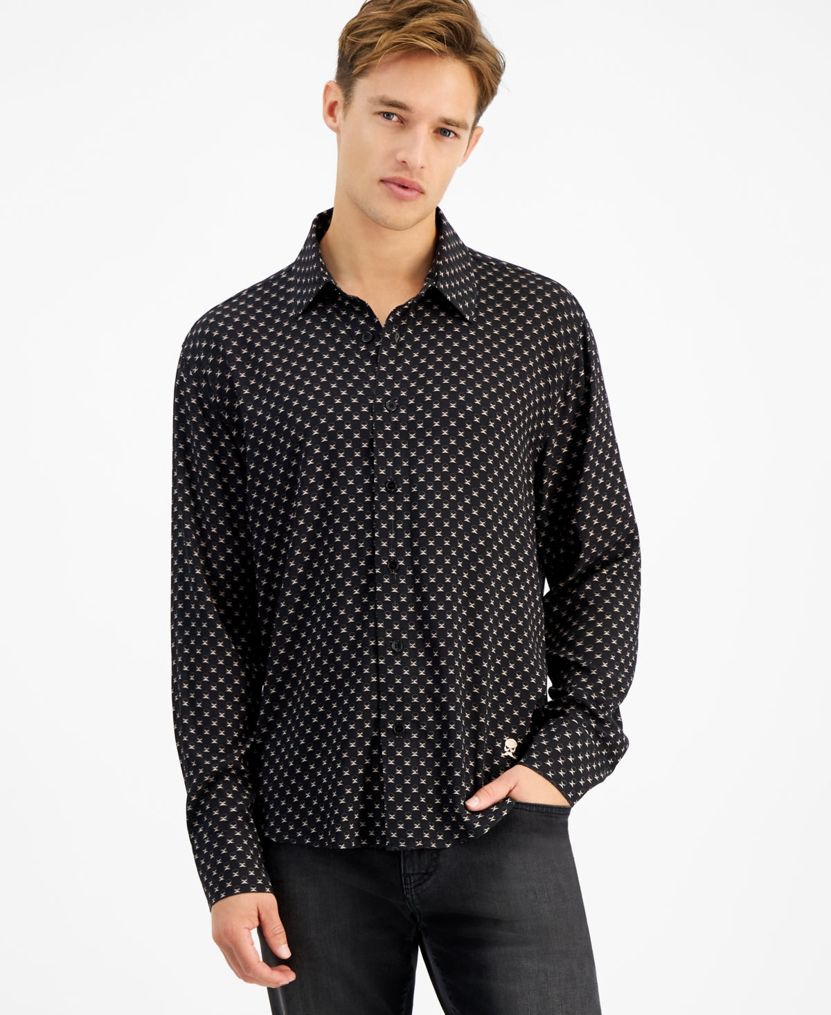 CRWTH Mens Skull Print Button Down Shirt Black Small