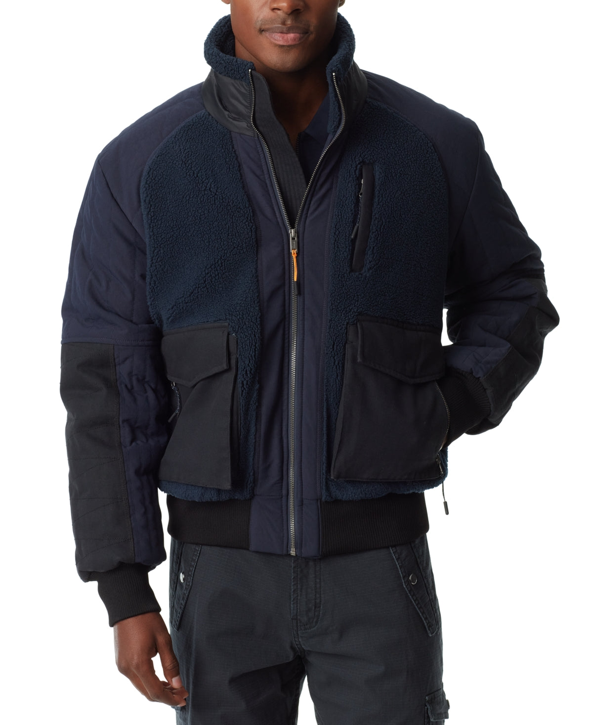 BASS OUTDOOR Men's Full Zip Mixed Media Bomber Jacket Navy Small