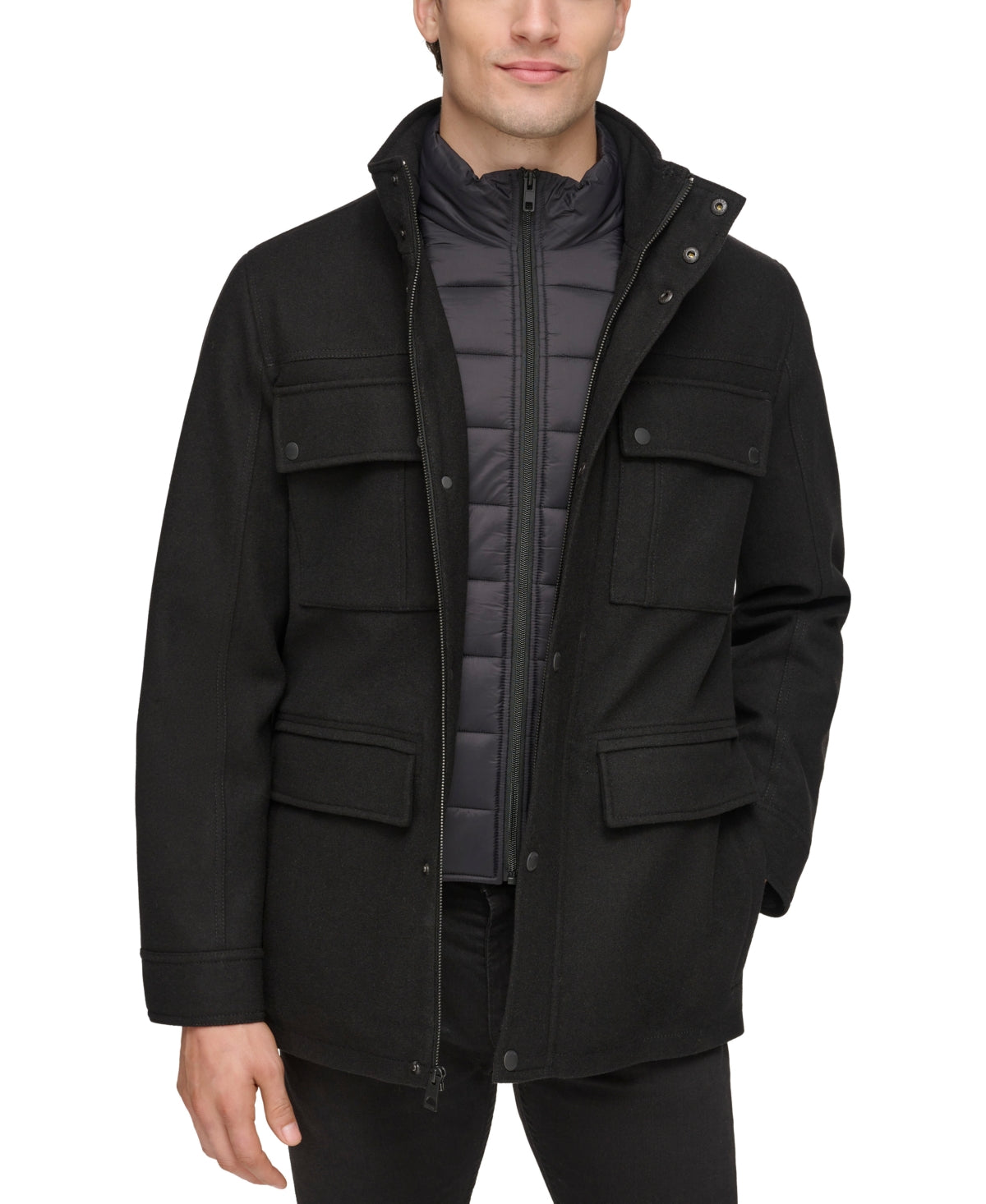 Guess Mens Quilted Bibbed Jacket Coat Small Black Waterproof Solid Wool
