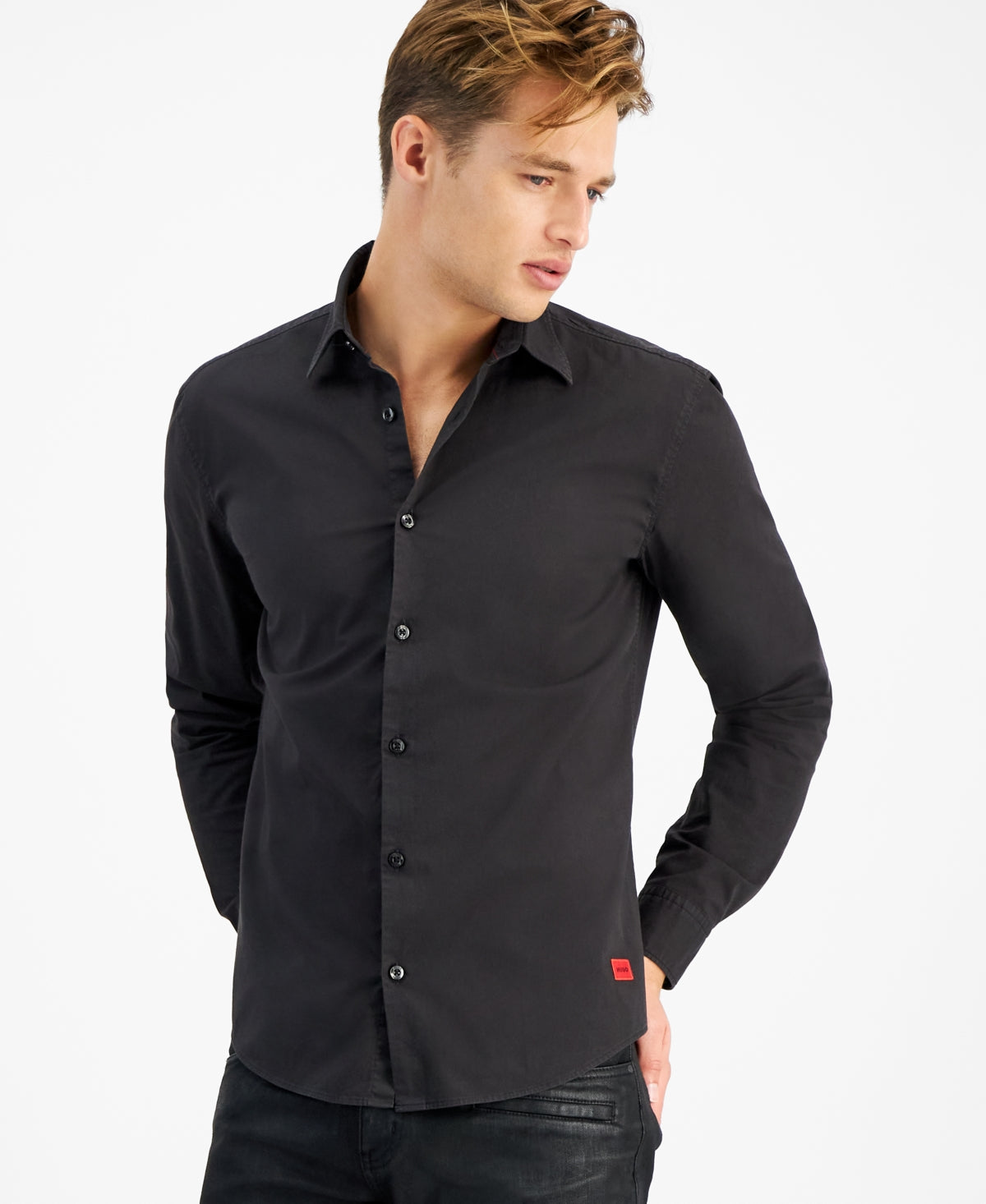 Hugo Boss Mens Slim fit Long Sleeve Button-Up Shirt XL Black Solid Stretch