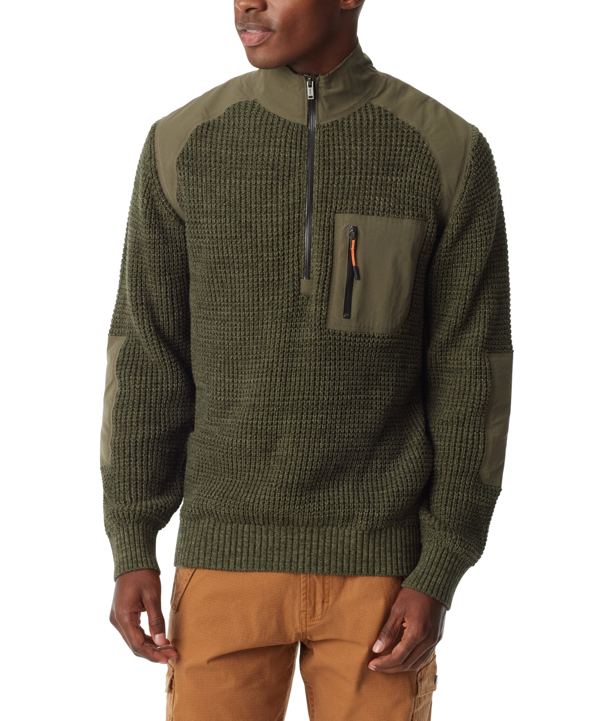 Bass Outdoor Men's Quarter Zip Long Sleeve Pullover Patch Sweater Green Small