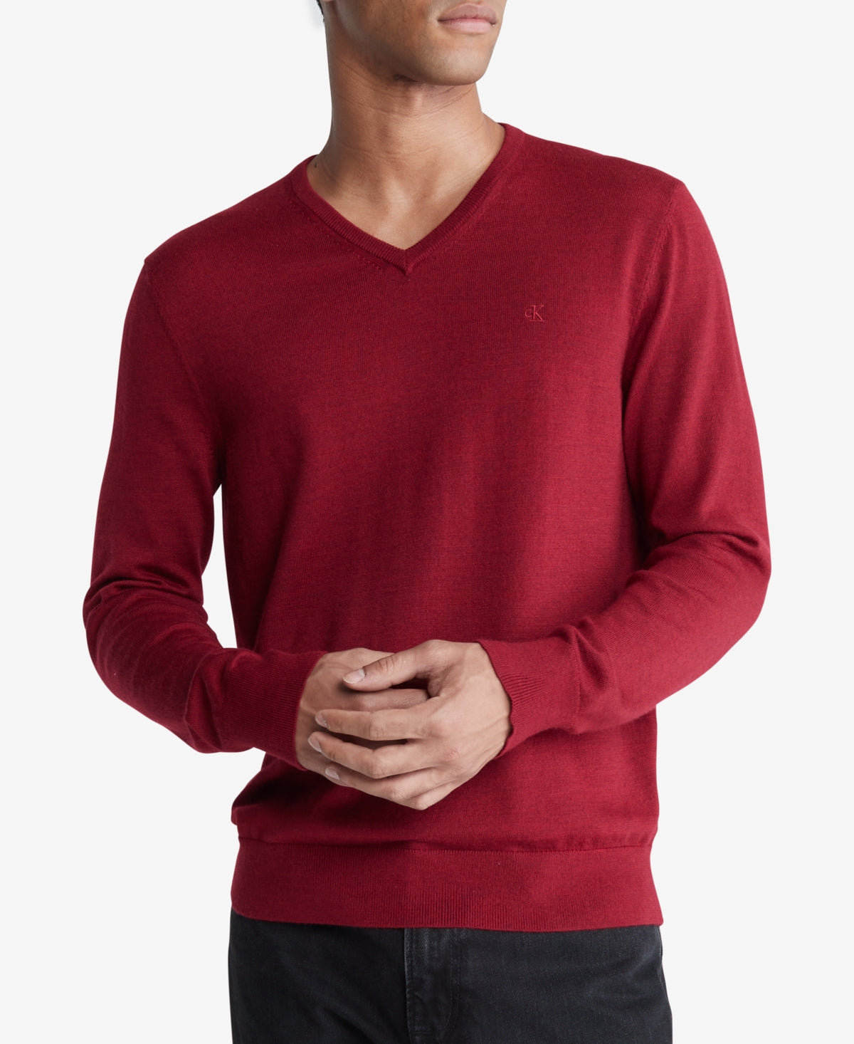 Calvin Klein Men's Regular Fit V Neck Sweater Sun Dried Tomato Heather Red XL