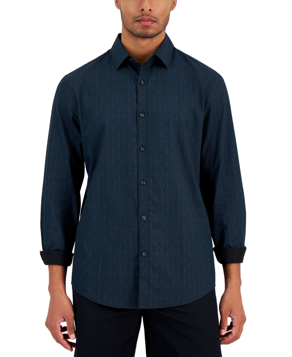 Alfani Mens Long Sleeve Geo Print Button Down Shirt Dark Blue Small