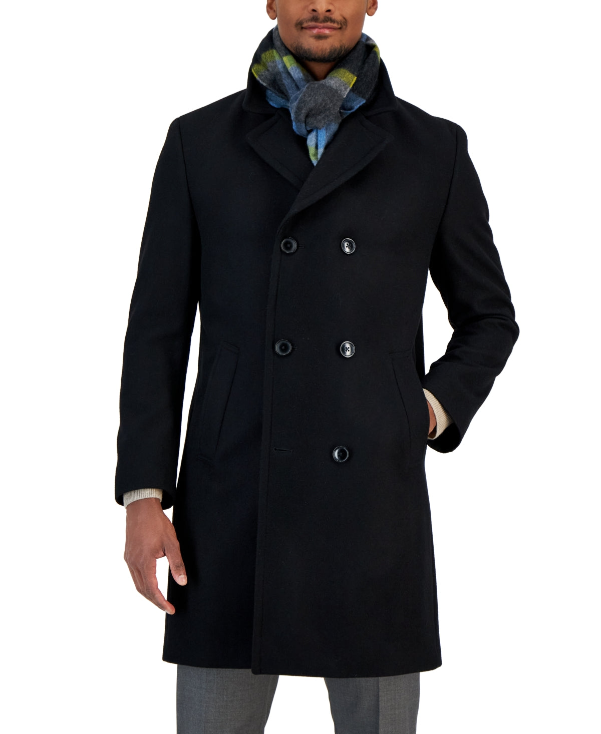 Nautica Men's Classic-Fit Double Breasted Wool Overcoat Coat Black 44R