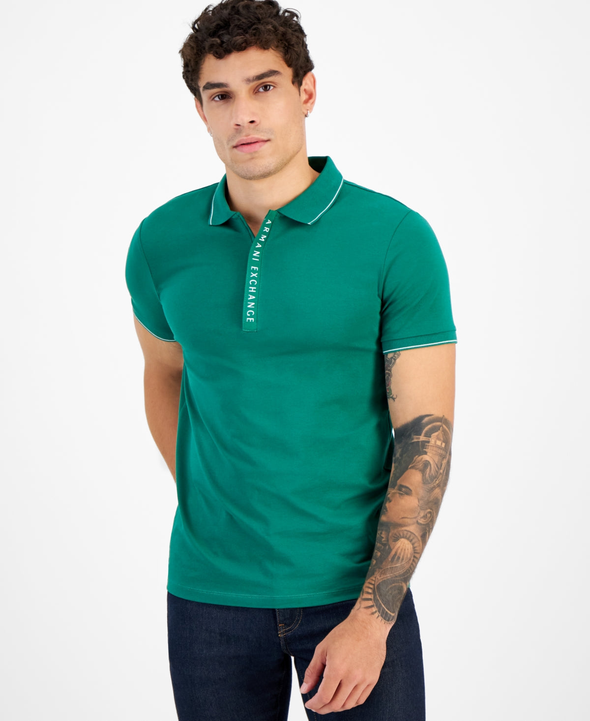 AX Armani Exchange Men's Logo Placket Polo Shirt Green Medium
