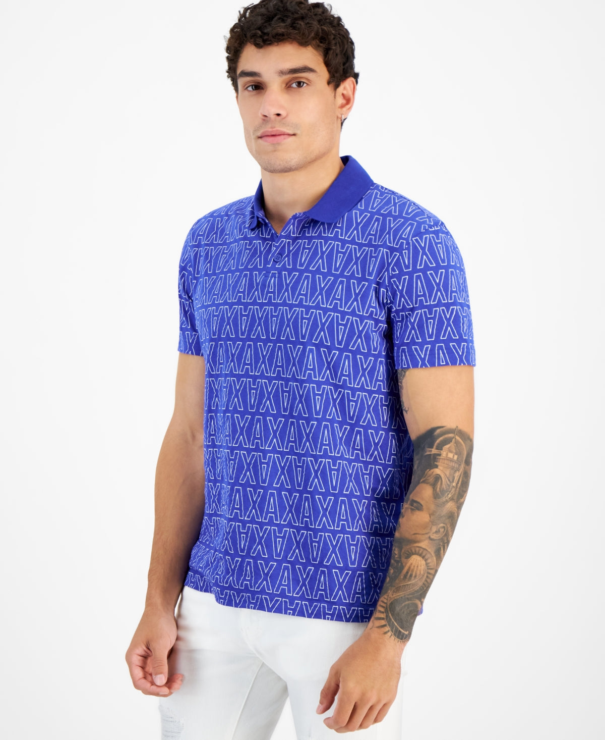 AX Armani Exchange Mens Logo Print Short Sleeve Polo Shirt Bluing White 2XL