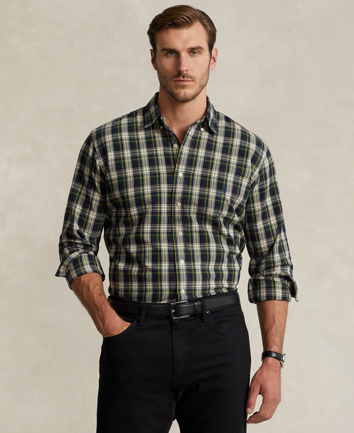 Polo Ralph Lauren Mens Big and Tall Tartan Plaid Sport Shirt Navy Green 2XL