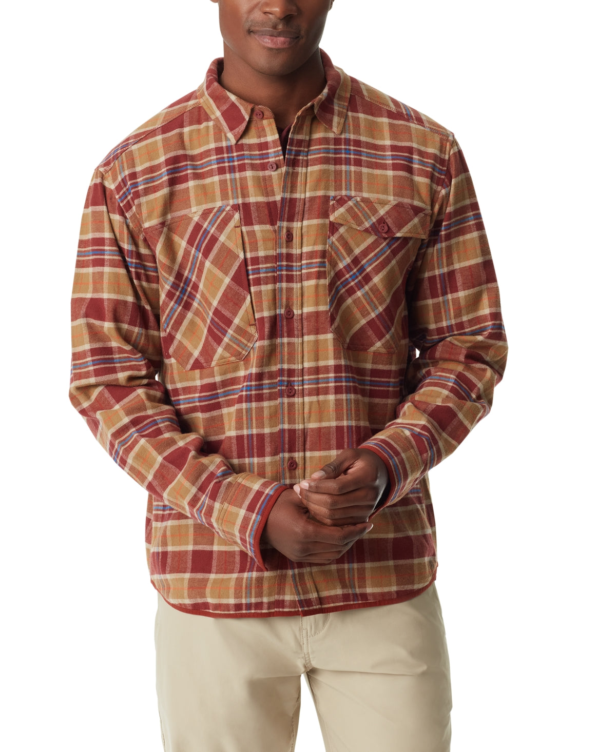 BASS OUTDOOR Mens Stretch Flannel Button Down Shirt Fired Brick Core Plaid XL
