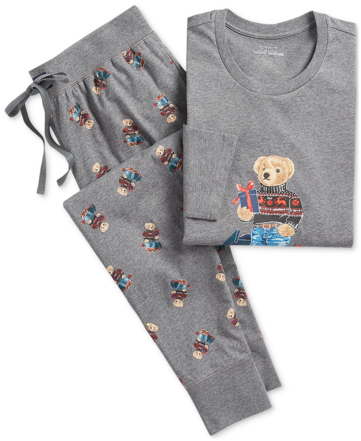 Polo Ralph Lauren Mens 2 Piece Holiday Bear Shirt Pajama Pants Set Grey Small