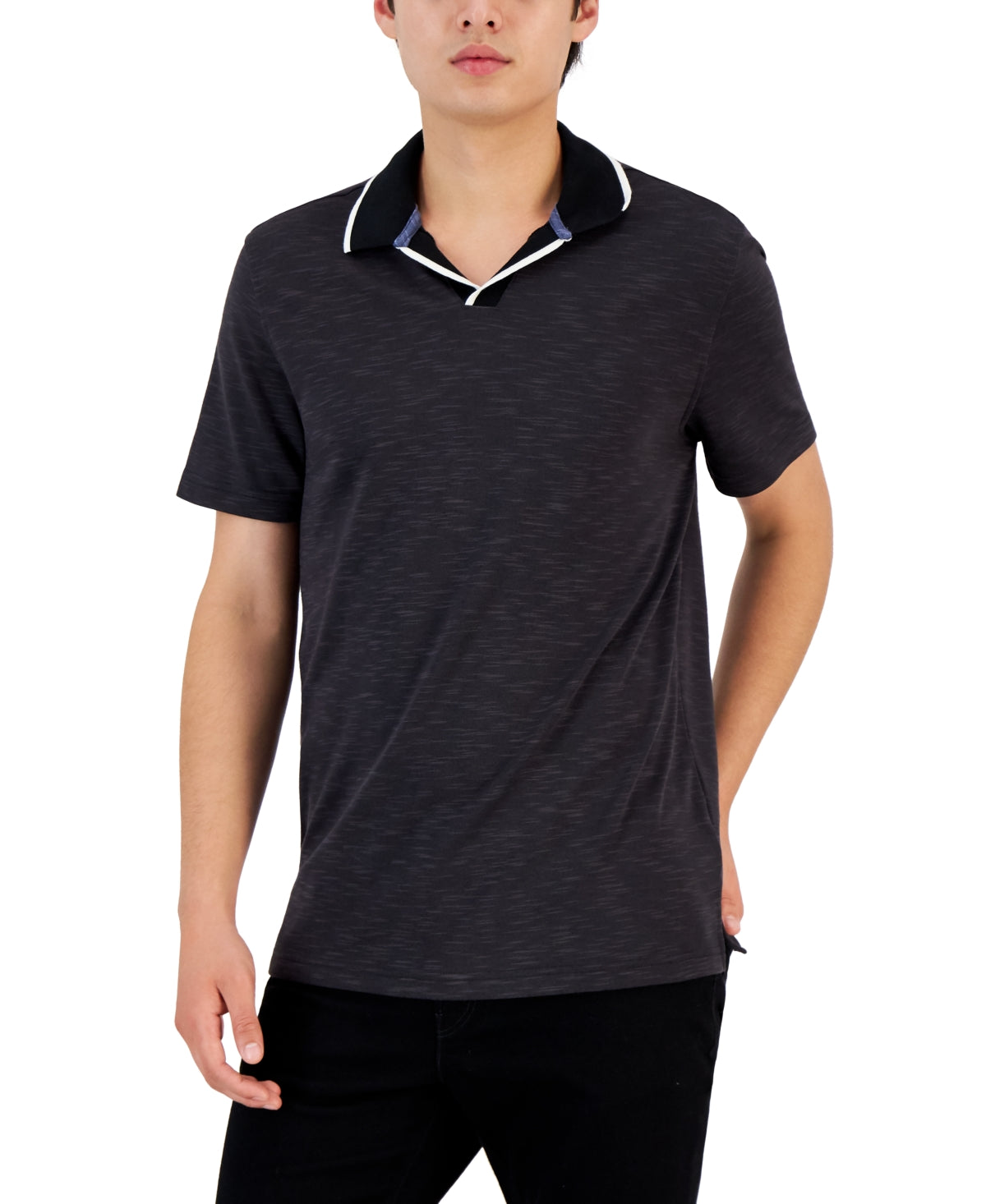 Alfani Men's Johnny Collar Short Sleeve Polo Shirt  Deep Black Large