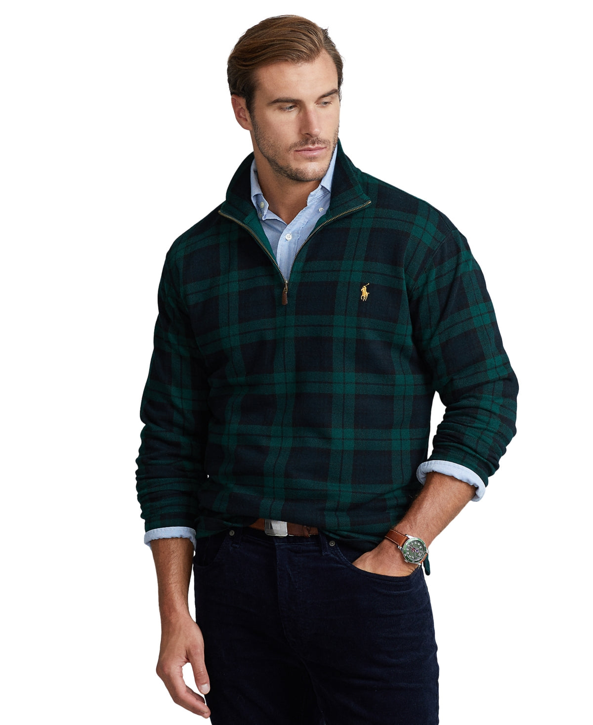 Polo Ralph Lauren Men's Blackwatch Green Plaid Quarter Zip Sweater 3LT 3XLT