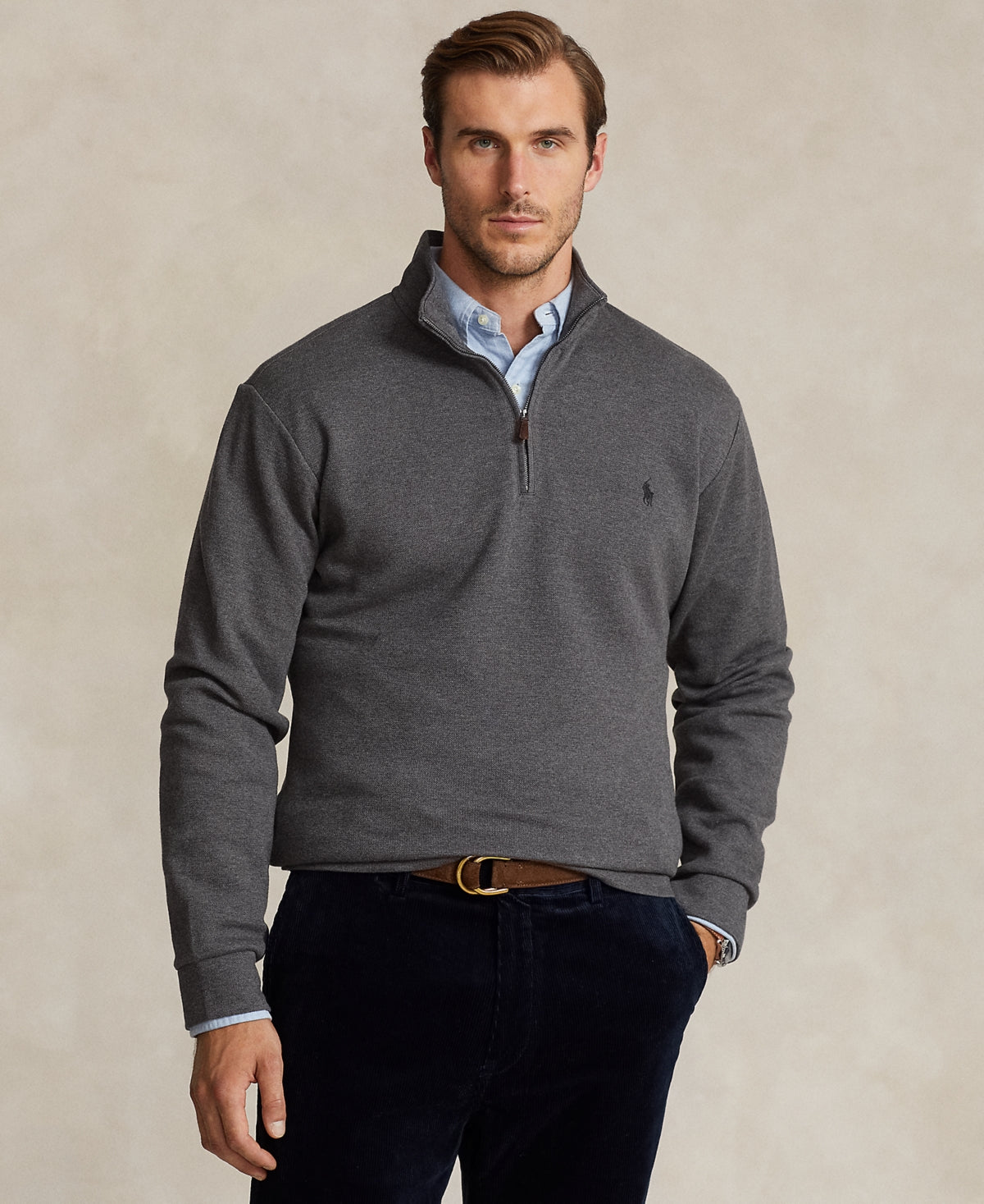 Polo Ralph Lauren Mens Big & Tall Double-Knit Mesh Quarter-Zip Sweater XLT Grey