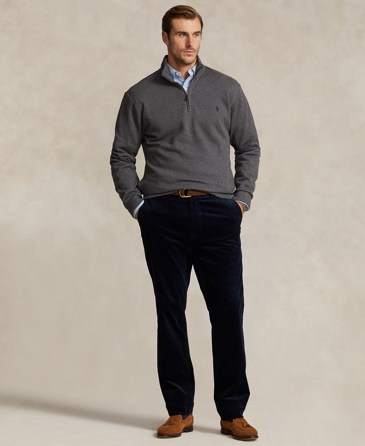 Polo Ralph Lauren Mens Big & Tall Double-Knit Mesh Quarter-Zip Sweater XLT Grey