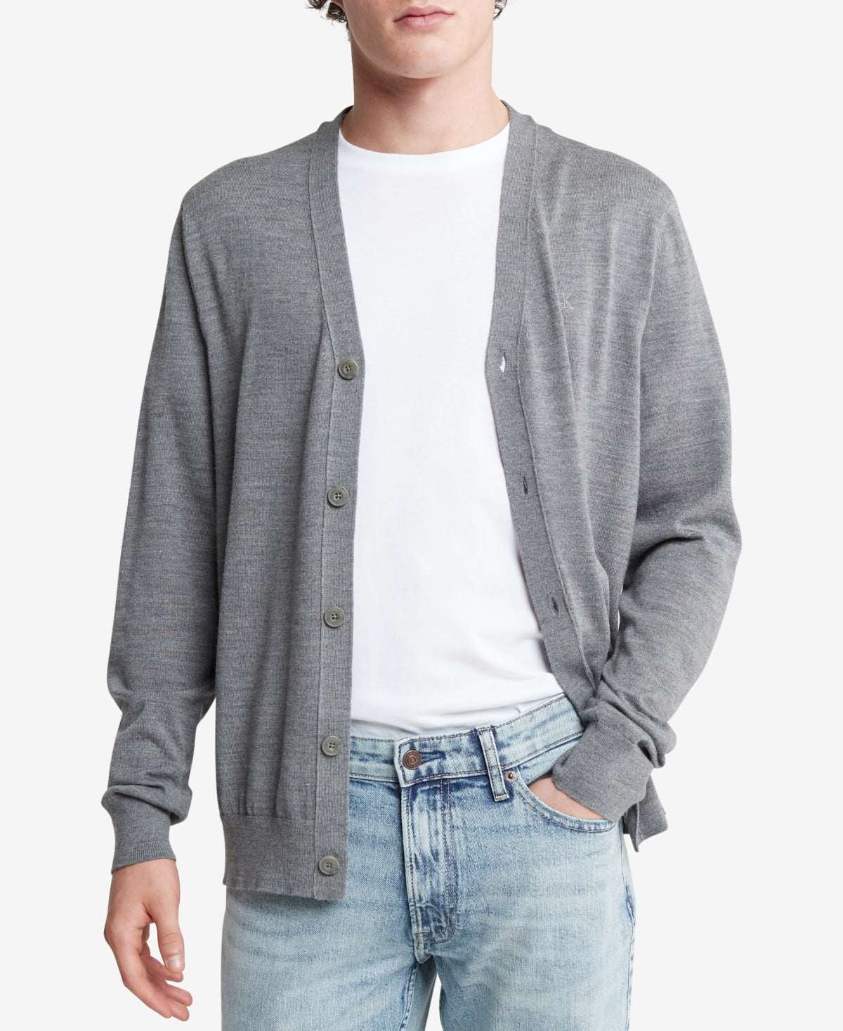 Calvin Klein Mens Regular Fit V Neck Cardigan Sweater Grey Heather 2XL