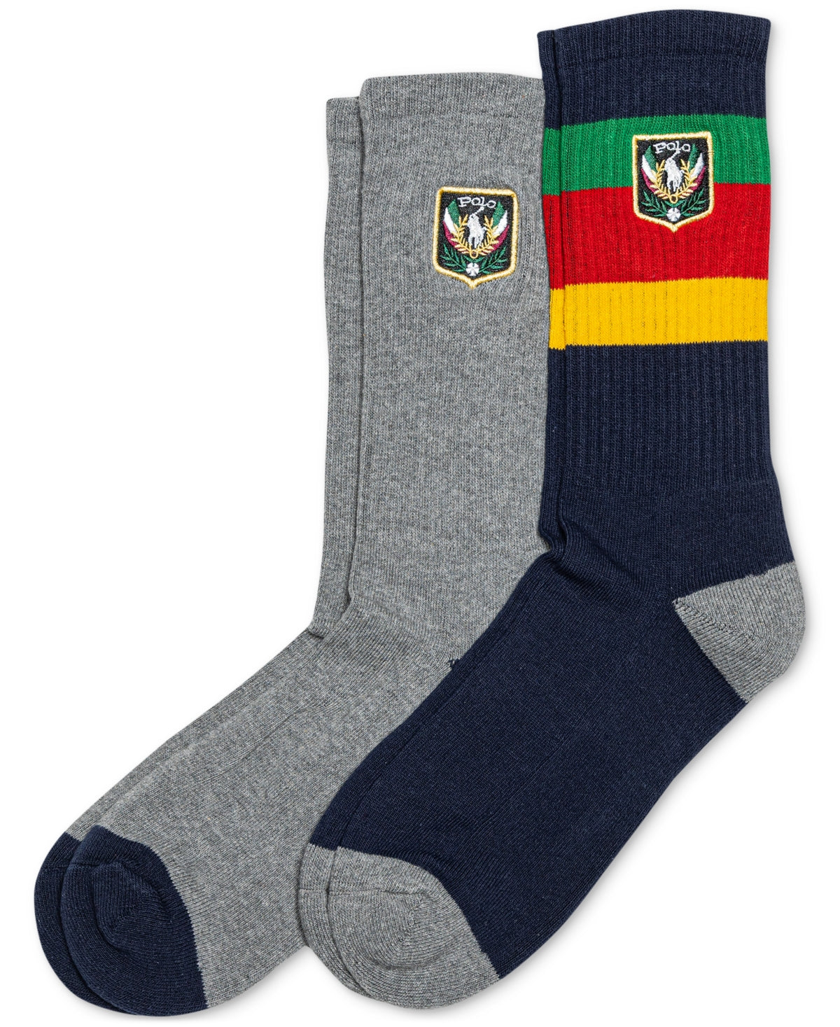 Polo Ralph Lauren Mens 2 Pack Crew Socks 10-13 Blue Cuff Striped Grey