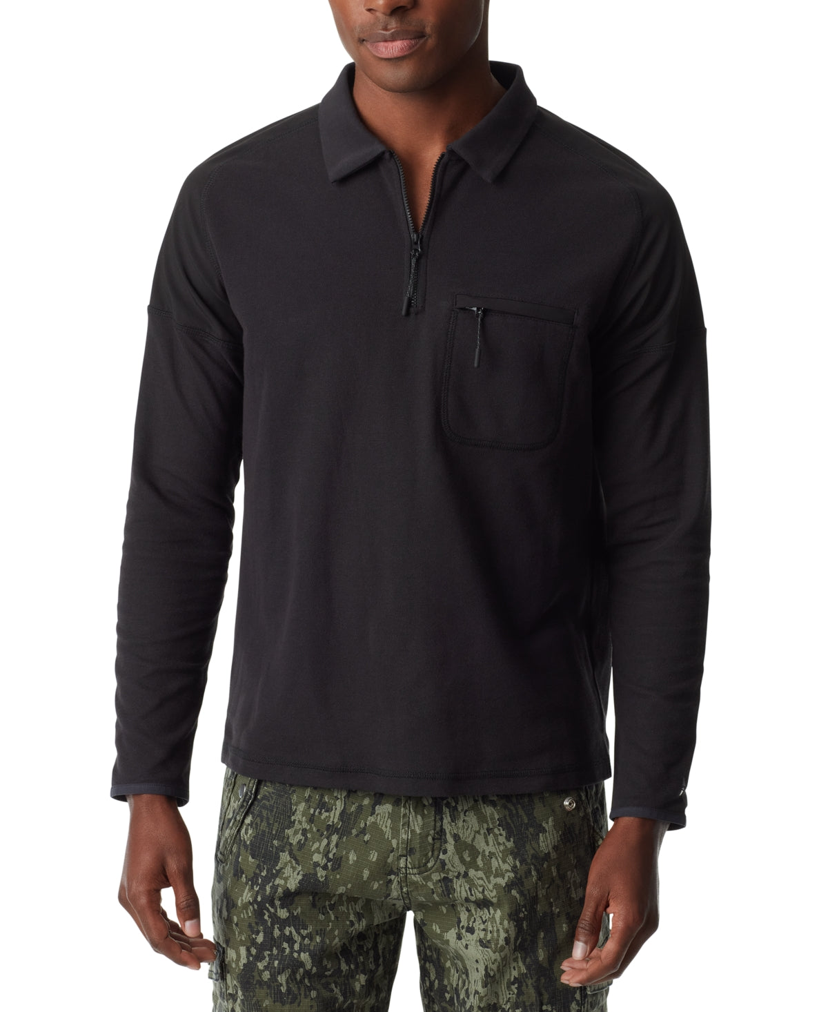 BASS OUTDOOR Mens Long Sleeve Quarter Zip Pique Shirt Polo Black XL