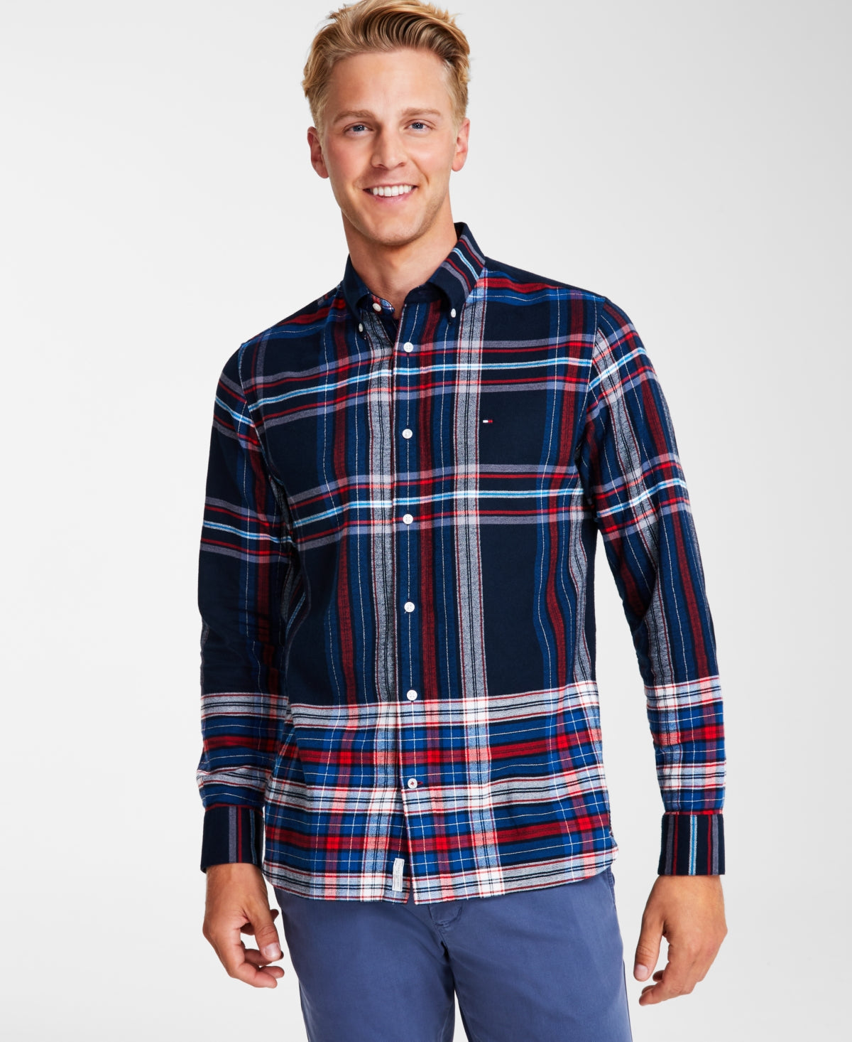 Tommy Hilfiger Mens Gradient Check Regular Fit Button Down Shirt Indigo XL