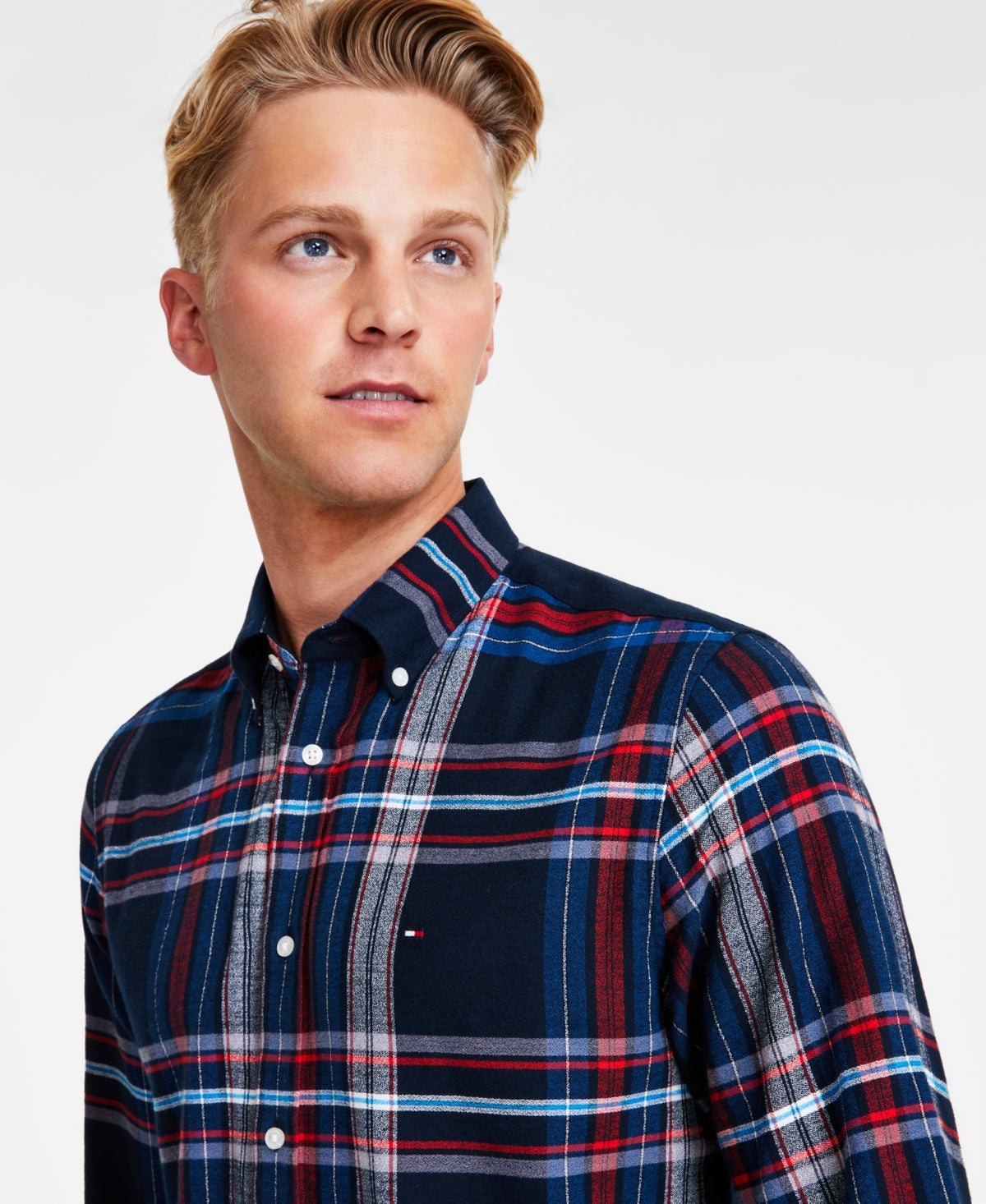 Tommy Hilfiger Mens Gradient Check Regular Fit Button Down Shirt Deep Indigo XL