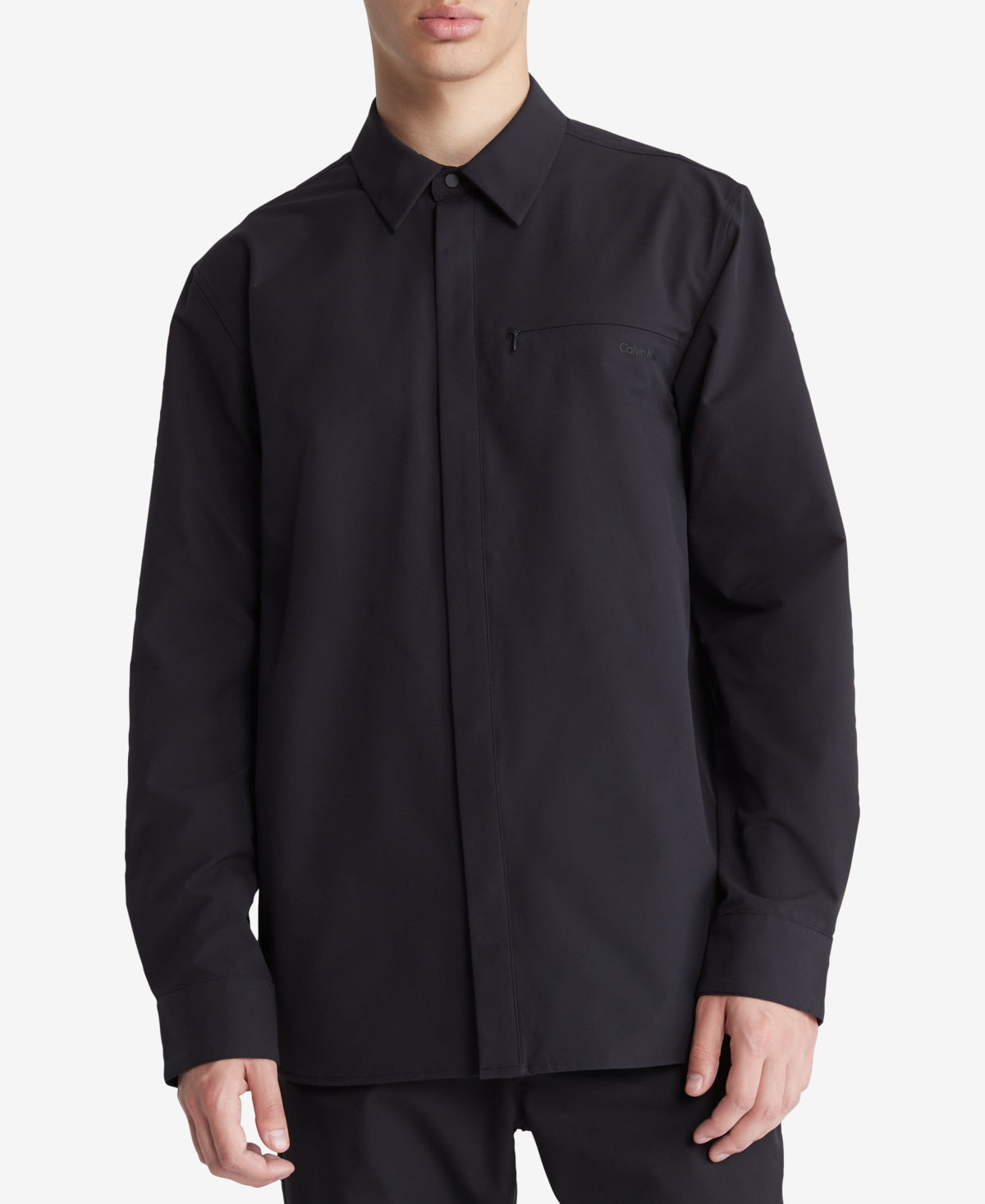 Calvin Klein Mens Athletic Hidden Pocket Button Down Shirt Black Large